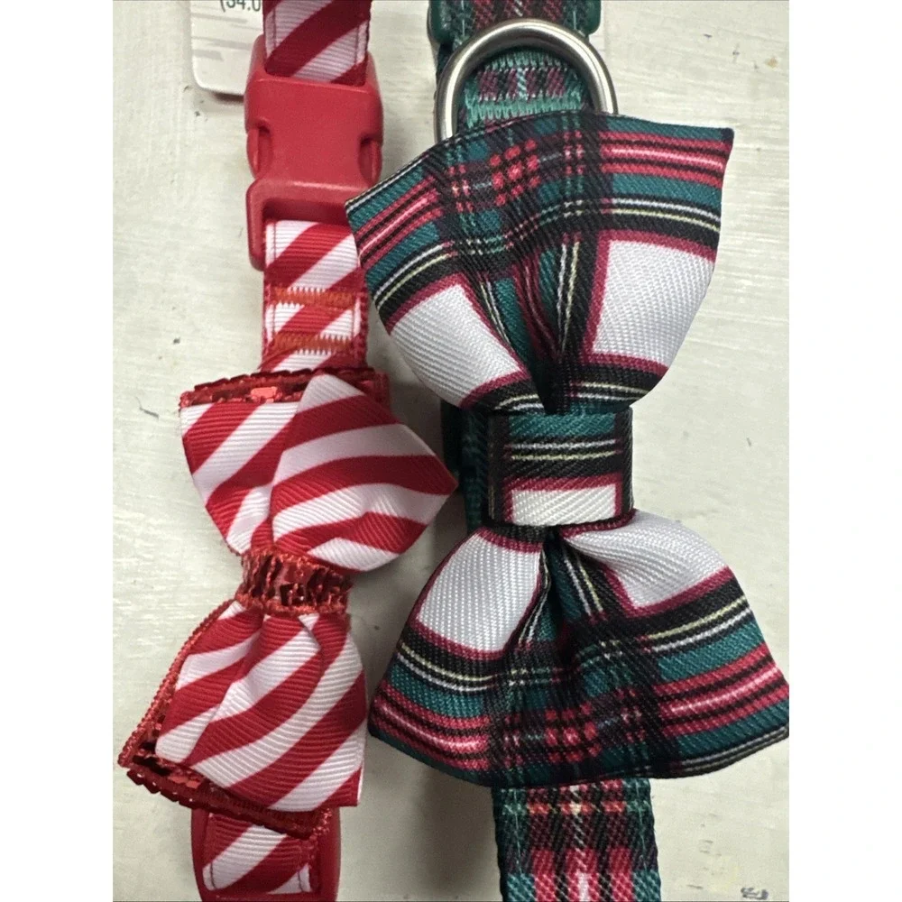 Lot Of 2 Merry & Bright Adjustable Christmas Red Green Dog‎ Sripes W/ Bow Sz M